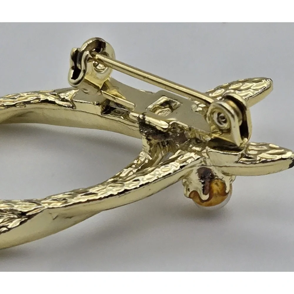 Vintage Gold Tone Wishbone Brooch Lucky‎ Charm Faux Pearl Green Rhinestone Pin
